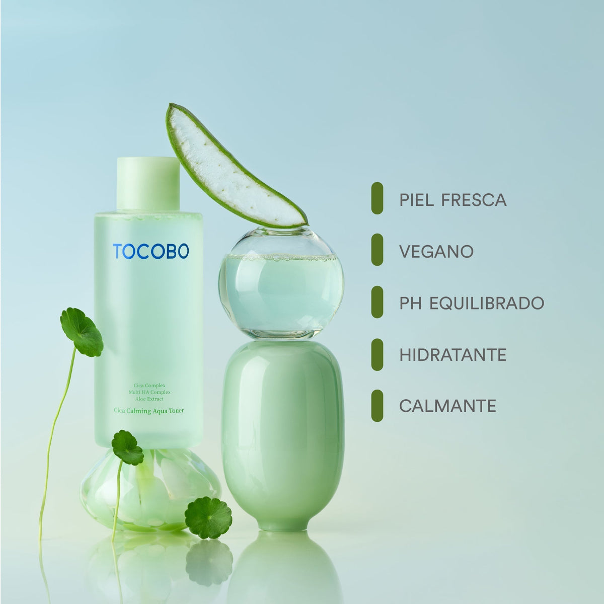Tocobo Cica Calming Aqua Toner 200 ml — frasco en una composición botánica oficial