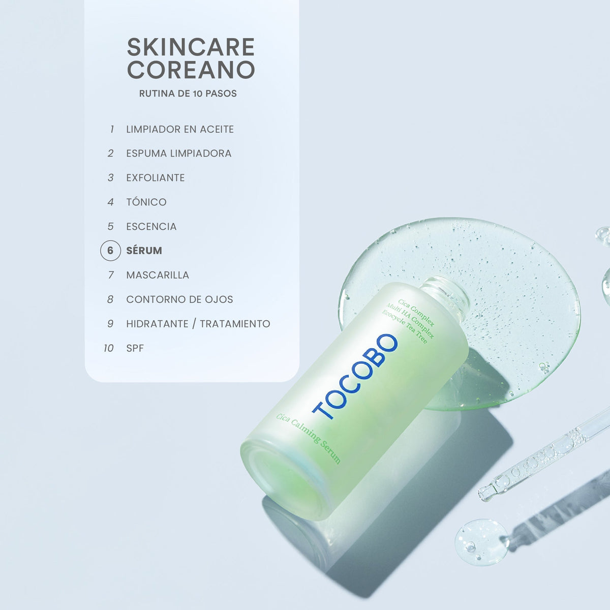 Tocobo Cica Calming Serum 50 ml — frasco en la guía oficial de la etapa de sérum