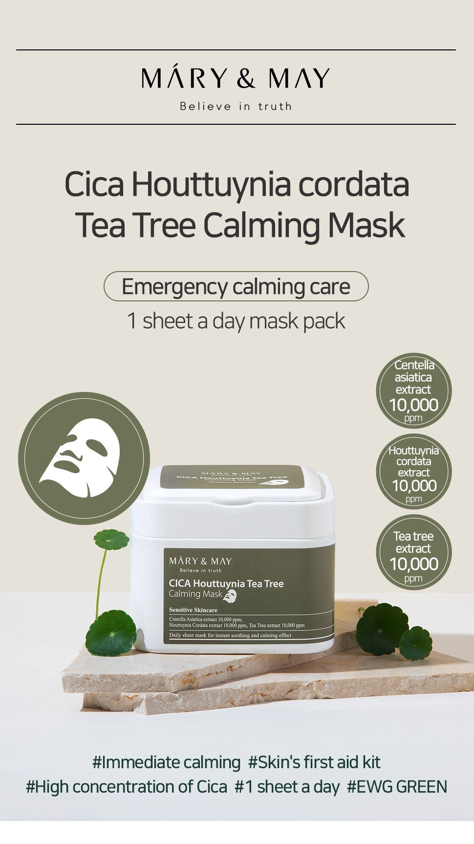 Mary&May Cica Houttuynia Cordata Tea Tree Calming, Mascarilla facial 30 unidades