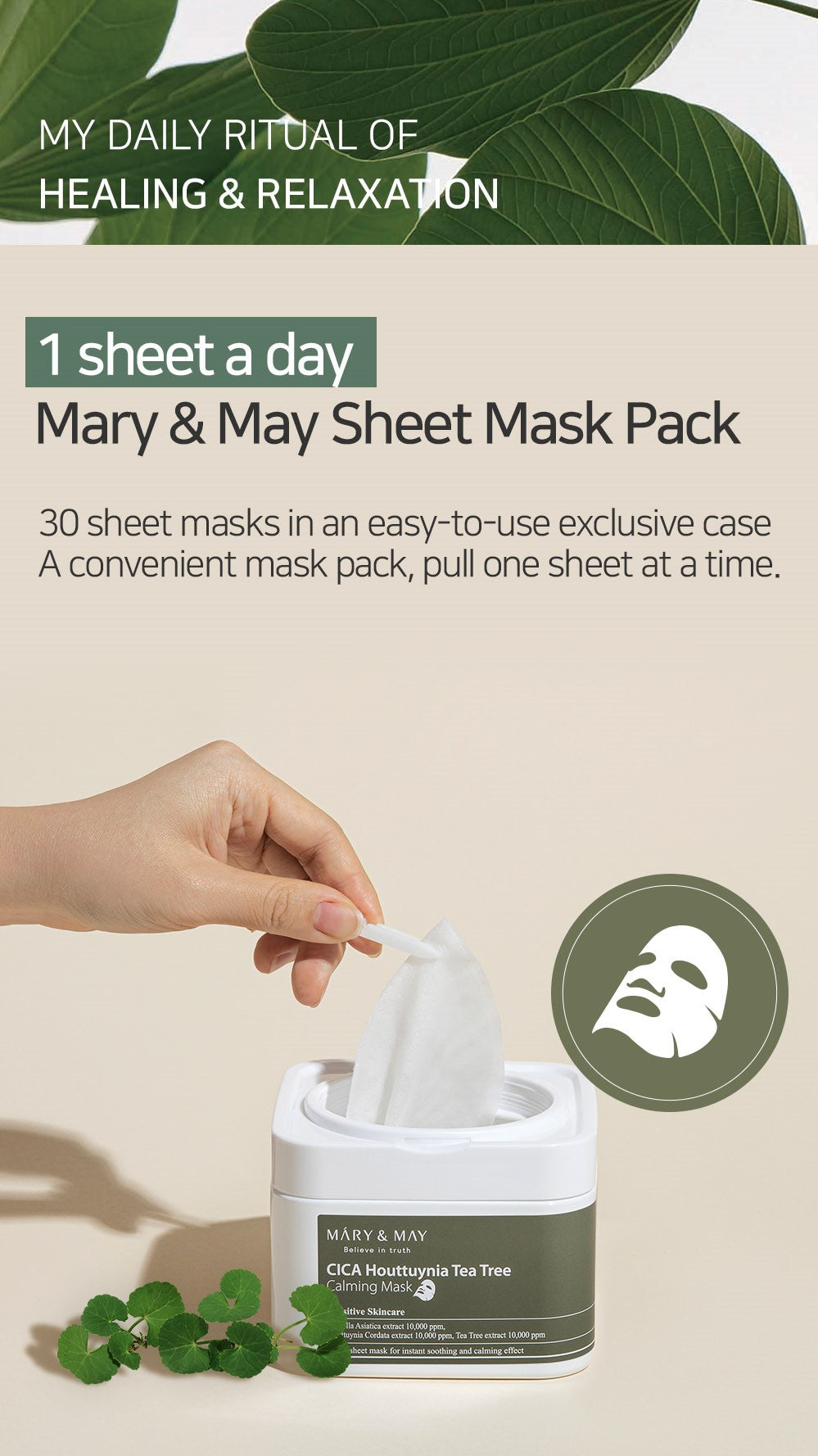 Mary&May Cica Houttuynia Cordata Tea Tree Calming, Mascarilla facial 30 unidades