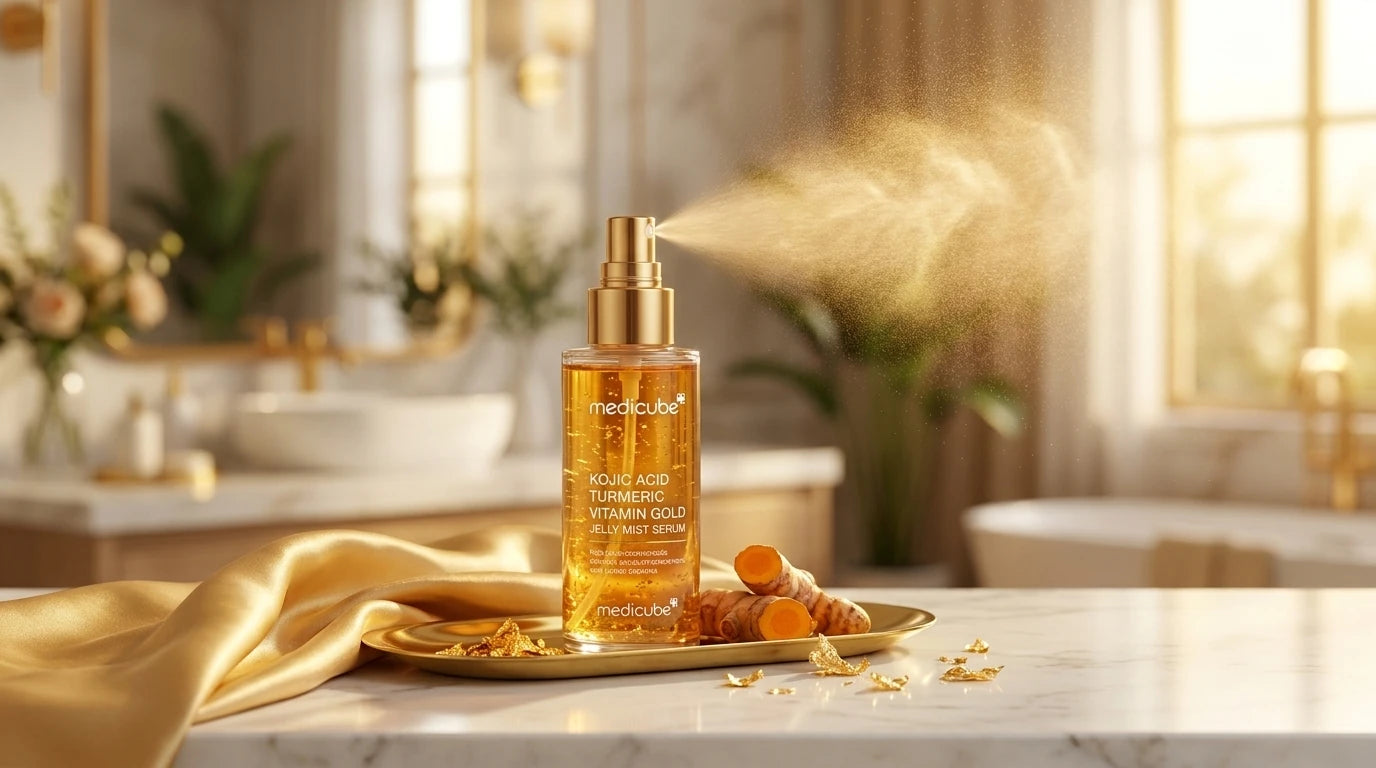 Medicube · Kojic Acid Turmeric Vitamin Gold Jelly Mist Serum en una escena de cuidado personal